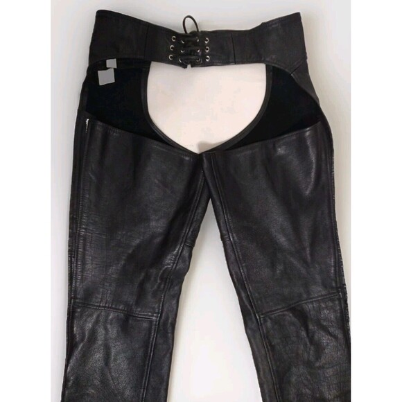 Vintage MOB Black Leather Biker Chaps Medium Unisex Y2K Punk Festival Edgy Rider - Picture 3 of 16